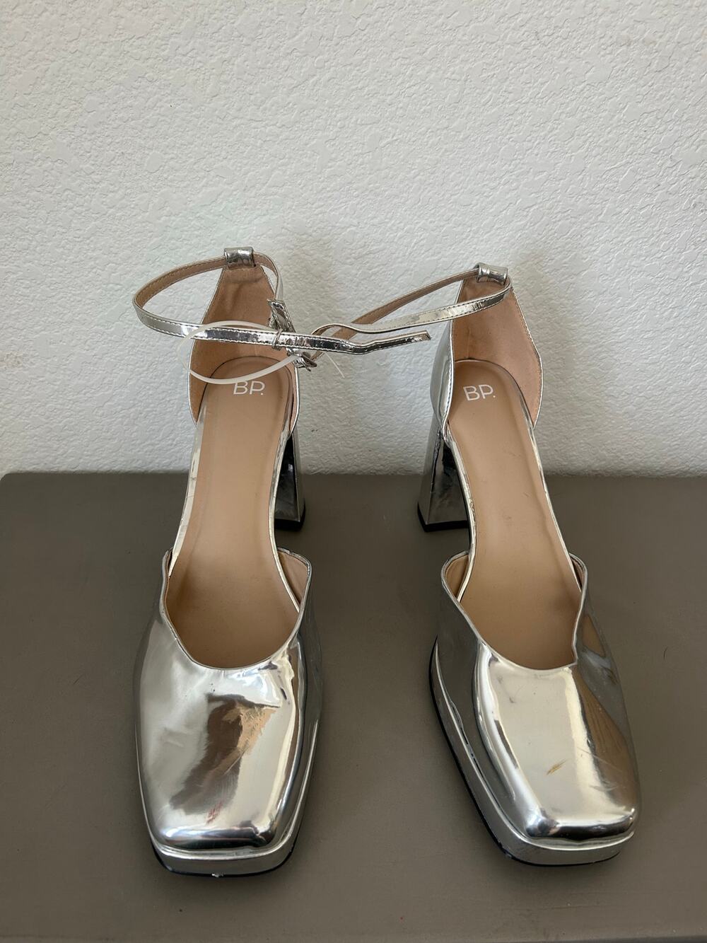 BP Silver Block Heel  Square Toe Heels - 14